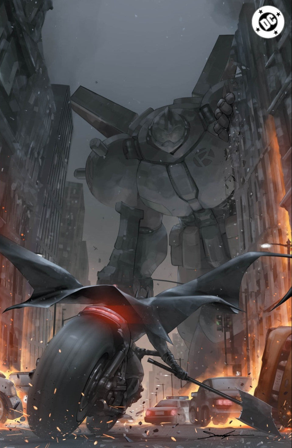 A dramatic comic-style artwork showing Batman riding a motorcycle through a ruined city street, with a giant robot or mech towering in the background and flames rising from buildings. A DC logo appears in the top-right corner.